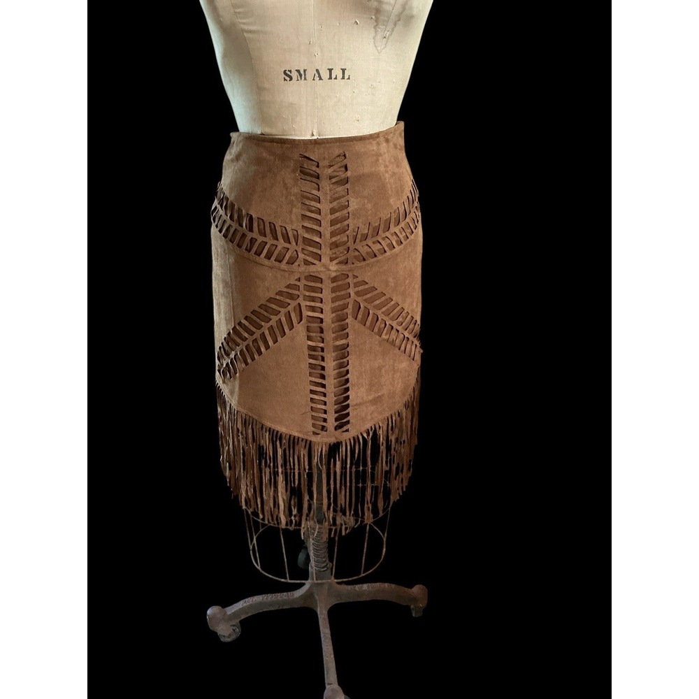 Sydney Brown Faux Suede Fringe Cut Out Cowgirl/Boho Skirt  Sz 6